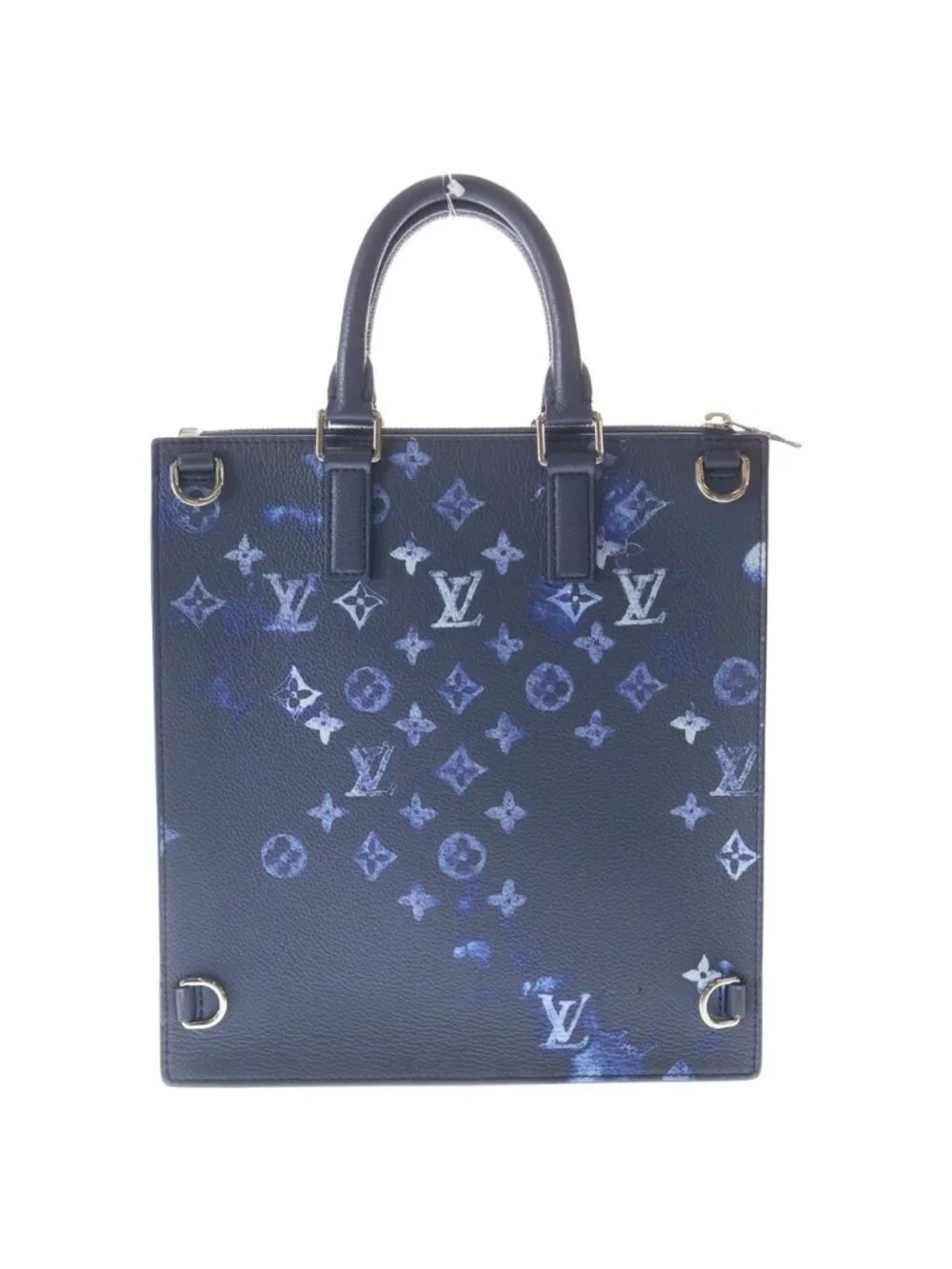 Louis Vuitton Water Monogram Sac Plat Messenger Tote Bag Navy Leather Silver